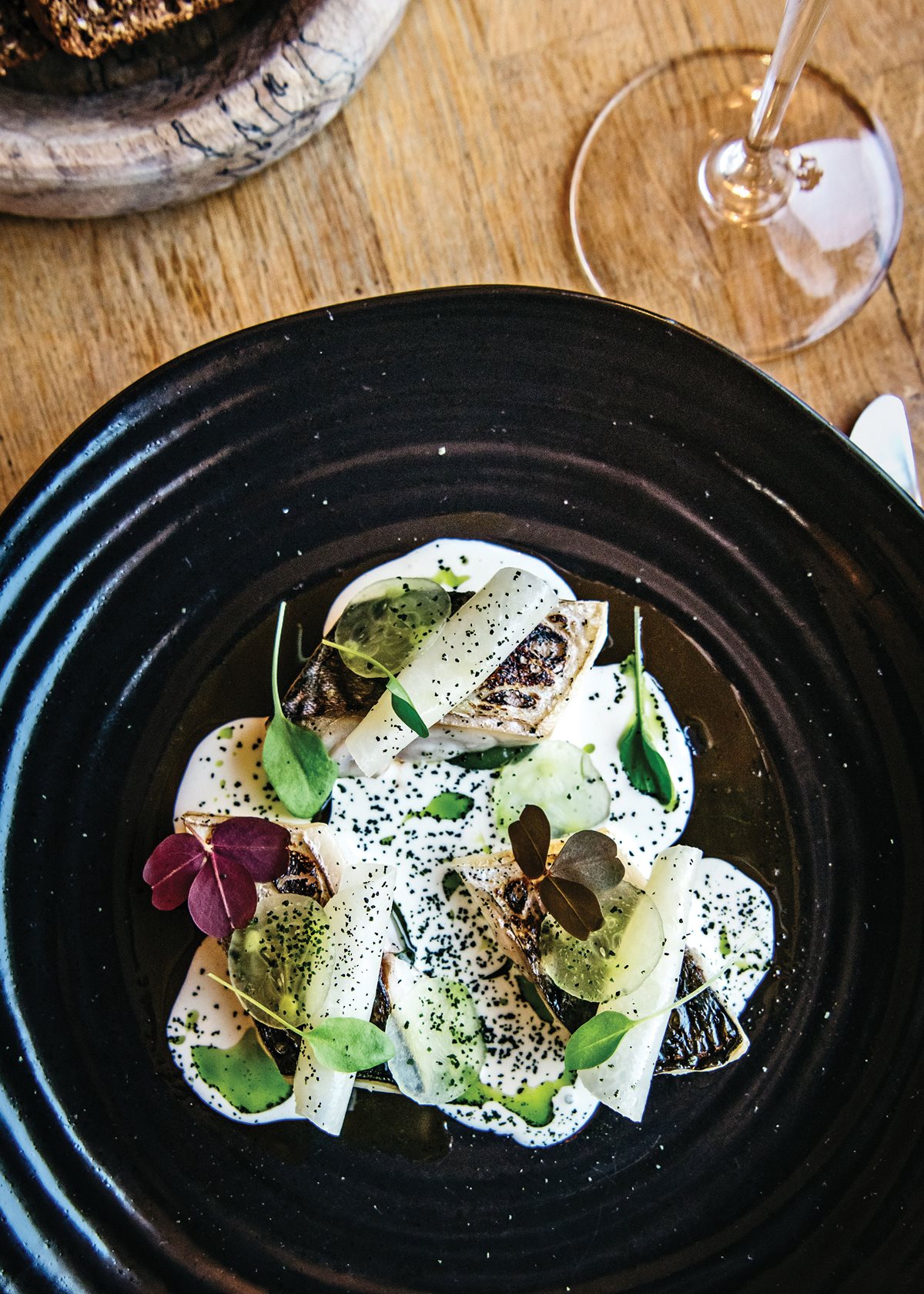 Locks’ mackerel with cucumber, kohlrabi, and buttermilk.