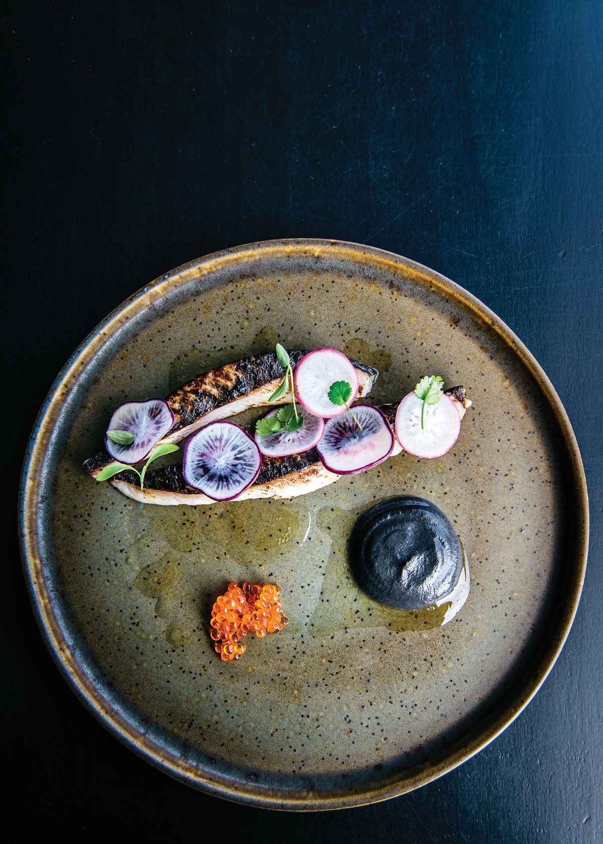 Craft’s mackerel with black-sesame puree and radishes.