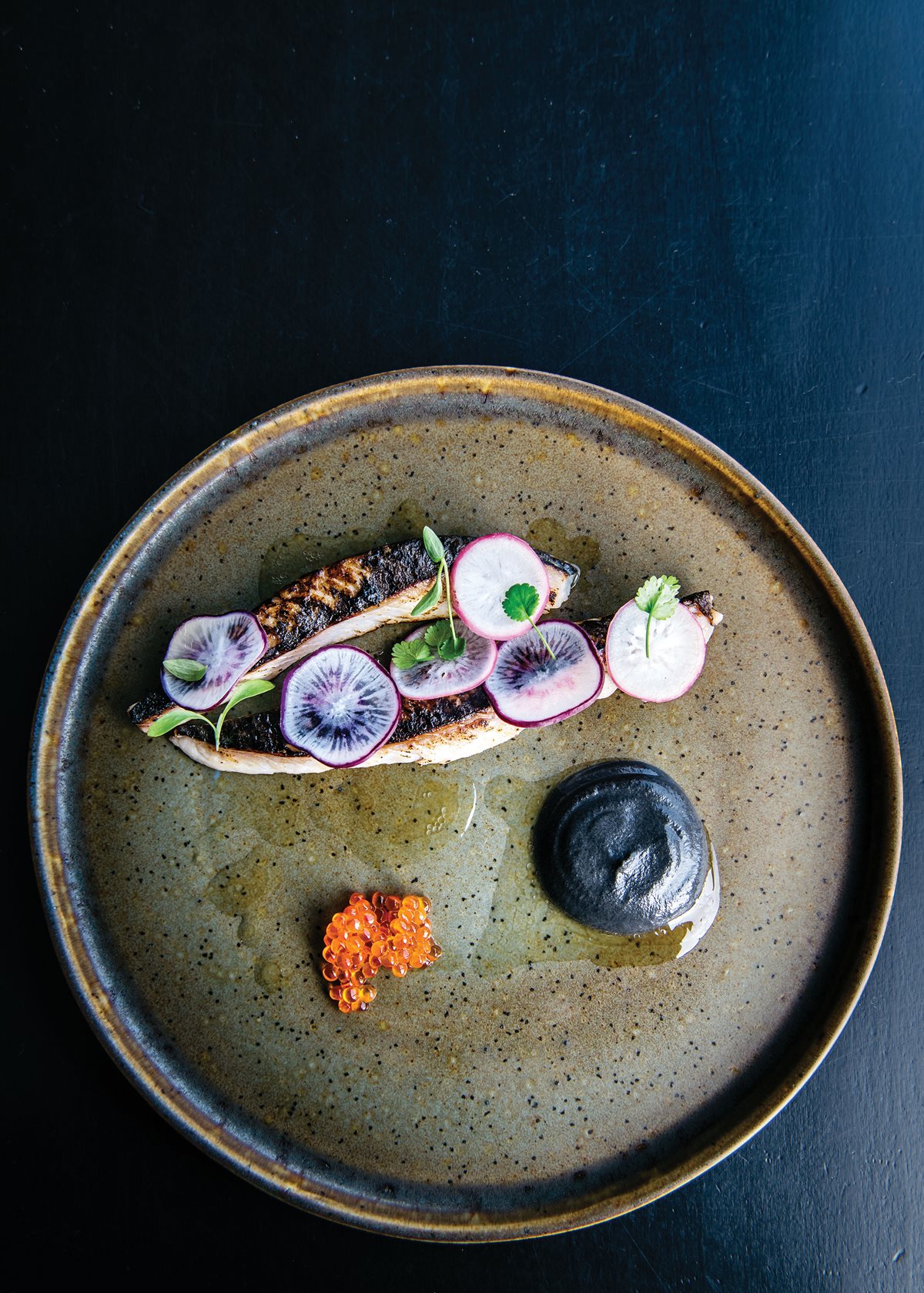 Craft’s mackerel with black-sesame puree and radishes.