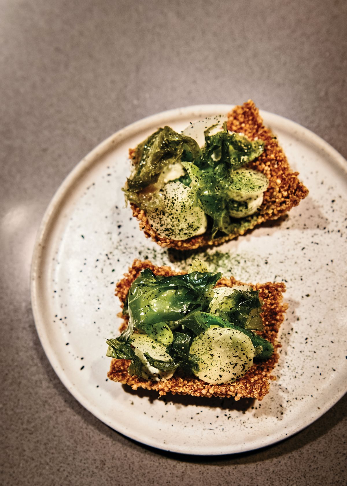 Forest & Marcy’s quinoa crackers with seaweed, goat cheese, and green beans.