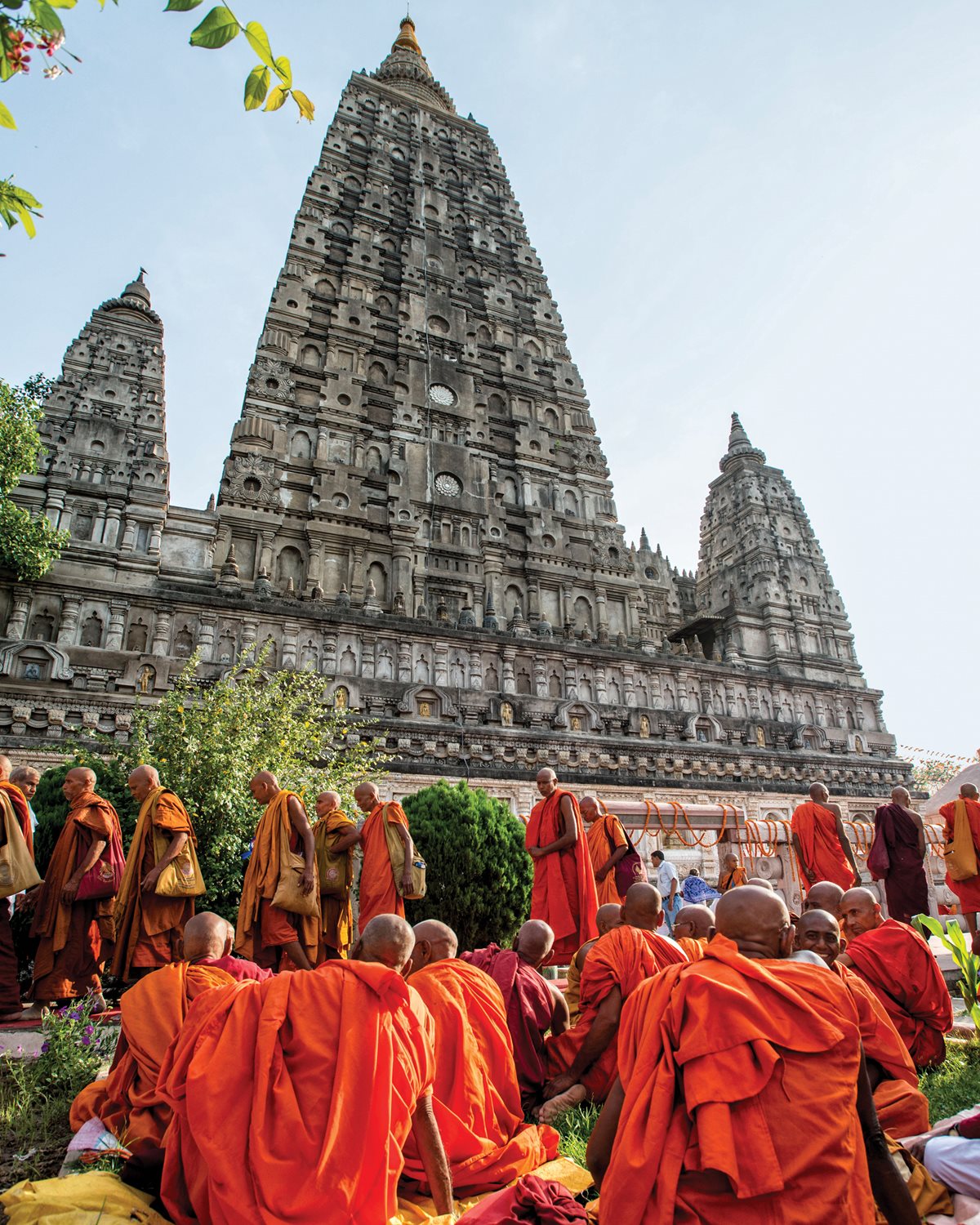 Buddhist monks amass beside Bodh Gaya’s Mahabodhi Temple, a UNESCO World Heritage site.