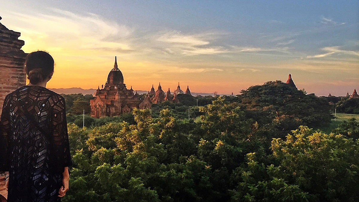 Watching the sunset over temples in Myanmar.
