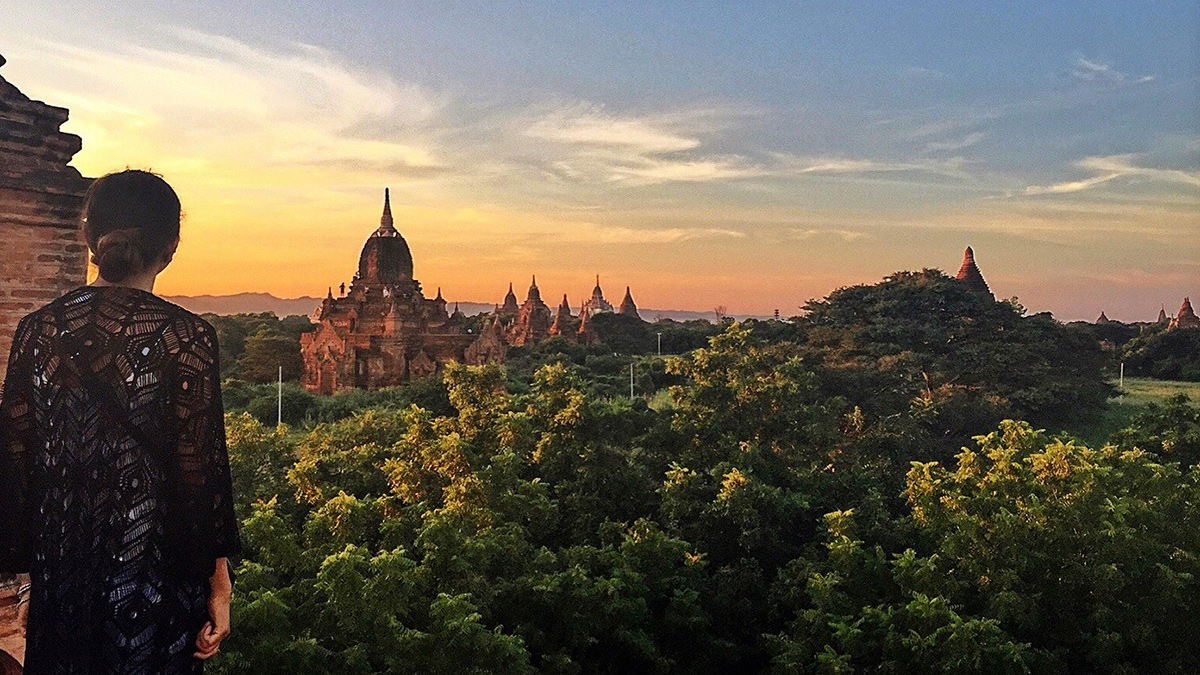 Watching the sunset over temples in Myanmar.