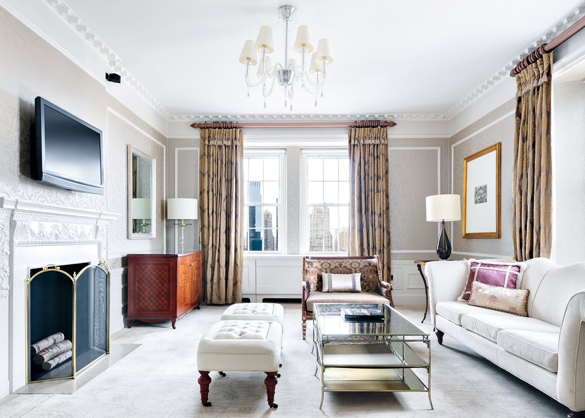 Offering views of Central Park and the Upper East Side, The Pierre on Fifth Avenue decks its rooms in tones of gold, silver, and creamy porcelain.
