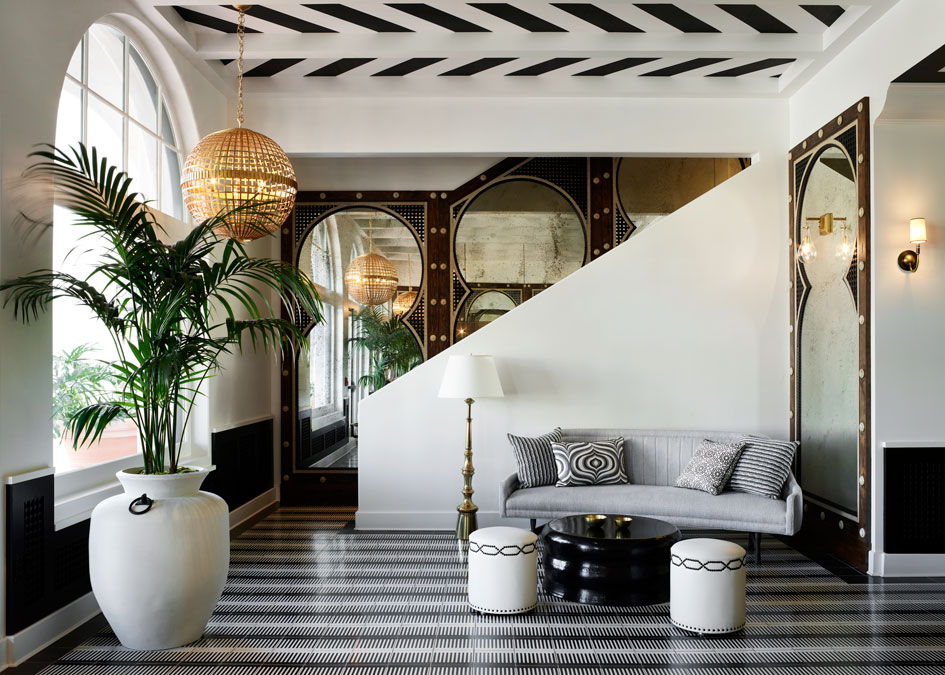 The Hotel Californian lobby sets the tone with modern Moorish flair and Spanish colonial-inspired architecture.