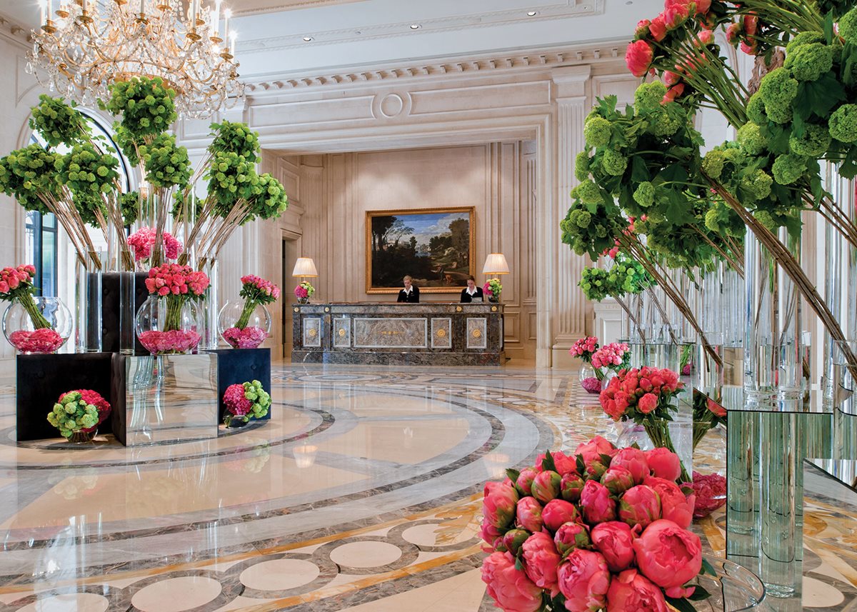 Hospitality in full bloom: Jeff Leatham’s arrangements enliven the George V’s public spaces.